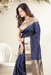 Navy Blue Pure Kanjivaram Silk Saree with Blouse Piece - Adi Akshoy & Co.
