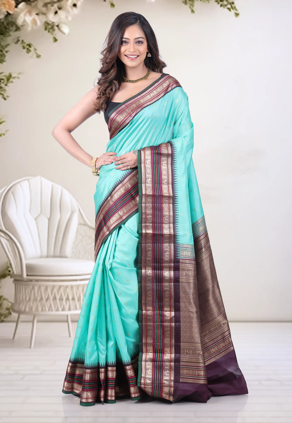 Aqua Blue Pure Kanjivaram Silk Saree with Blouse Piece - Adi Akshoy & Co.