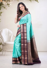 Aqua Blue Pure Kanjivaram Silk Saree with Blouse Piece - Adi Akshoy & Co.
