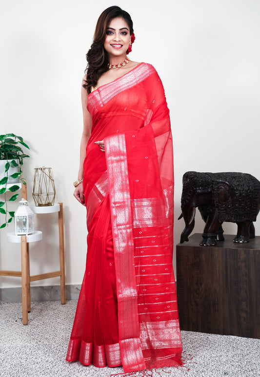 Red Sico Handloom Saree With Blouse Piece