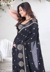 Black Khaddi Georgette Saree with Blouse Piece - Adi Akshoy & Co.