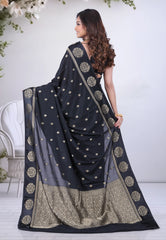 Black Khaddi Georgette Saree with Blouse Piece - Adi Akshoy & Co.