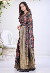 Floral Black Khaddi Georgette Saree with Blouse Piece - Adi Akshoy & Co.
