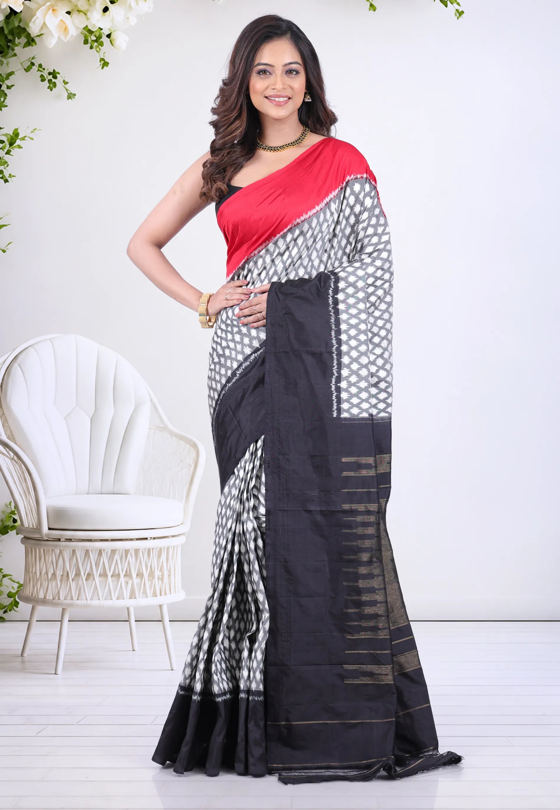 Checks White with Red and Black Border Pure Ikkat Silk Saree With Blouse Piece - Adi Akshoy & Co.
