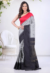 Checks White with Red and Black Border Pure Ikkat Silk Saree With Blouse Piece - Adi Akshoy & Co.