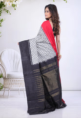 Checks White with Red and Black Border Pure Ikkat Silk Saree With Blouse Piece - Adi Akshoy & Co.