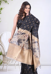 Black Tussar Silk Saree with Blouse Piece - Adi Akshoy & Co.