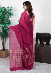 Magenta Kora Handloom Pure Silk Saree With Blouse Piece