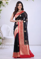 Black Pure Kora Silk Saree with Blouse Piece - Adi Akshoy & Co.