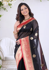 Black Pure Kora Silk Saree with Blouse Piece - Adi Akshoy & Co.