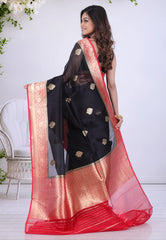 Black Pure Kora Silk Saree with Blouse Piece - Adi Akshoy & Co.