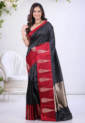 Black Pure Katan Silk Saree with Blouse Piece  - Adi Akshoy & Co.