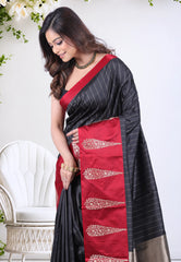 Black Pure Katan Silk Saree with Blouse Piece  - Adi Akshoy & Co.