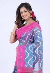 Blue Dhakai Jamdani Cotton Saree without Blouse Piece - Adi Akshoy & Co.