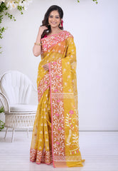 Mustard Yellow Dhakai Jamdani Cotton Saree without Blouse Piece - Adi Akshoy & Co.
