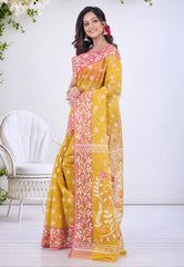 Mustard Yellow Dhakai Jamdani Cotton Saree without Blouse Piece - Adi Akshoy & Co.