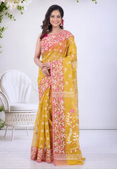 Mustard Yellow Dhakai Jamdani Cotton Saree without Blouse Piece - Adi Akshoy & Co.