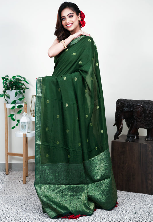 Bottle Green Mashru Silk Saree with Blouse Piece