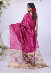 Magenta Tussar Silk Saree with Blouse Piece - Adi Akshoy & Co.