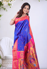 Royal Blue Paithani Silk Saree With Blouse Piece - Adi Akshoy & Co.