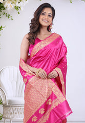Rani Pink Pure Katan Silk Saree with Blouse Piece - Adi Akshoy & Co.