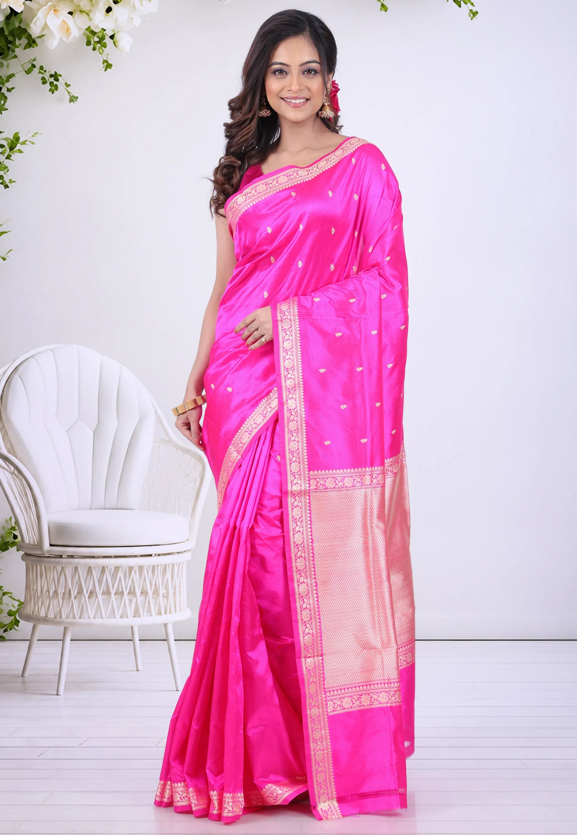 Rani Pink Pure Katan Silk Saree with Blouse Piece - Adi Akshoy & Co.