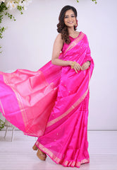 Rani Pink Pure Katan Silk Saree with Blouse Piece - Adi Akshoy & Co.
