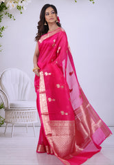 Rani Pink Pure Kora Silk Saree with Blouse Piece - Adi Akshoy & Co.