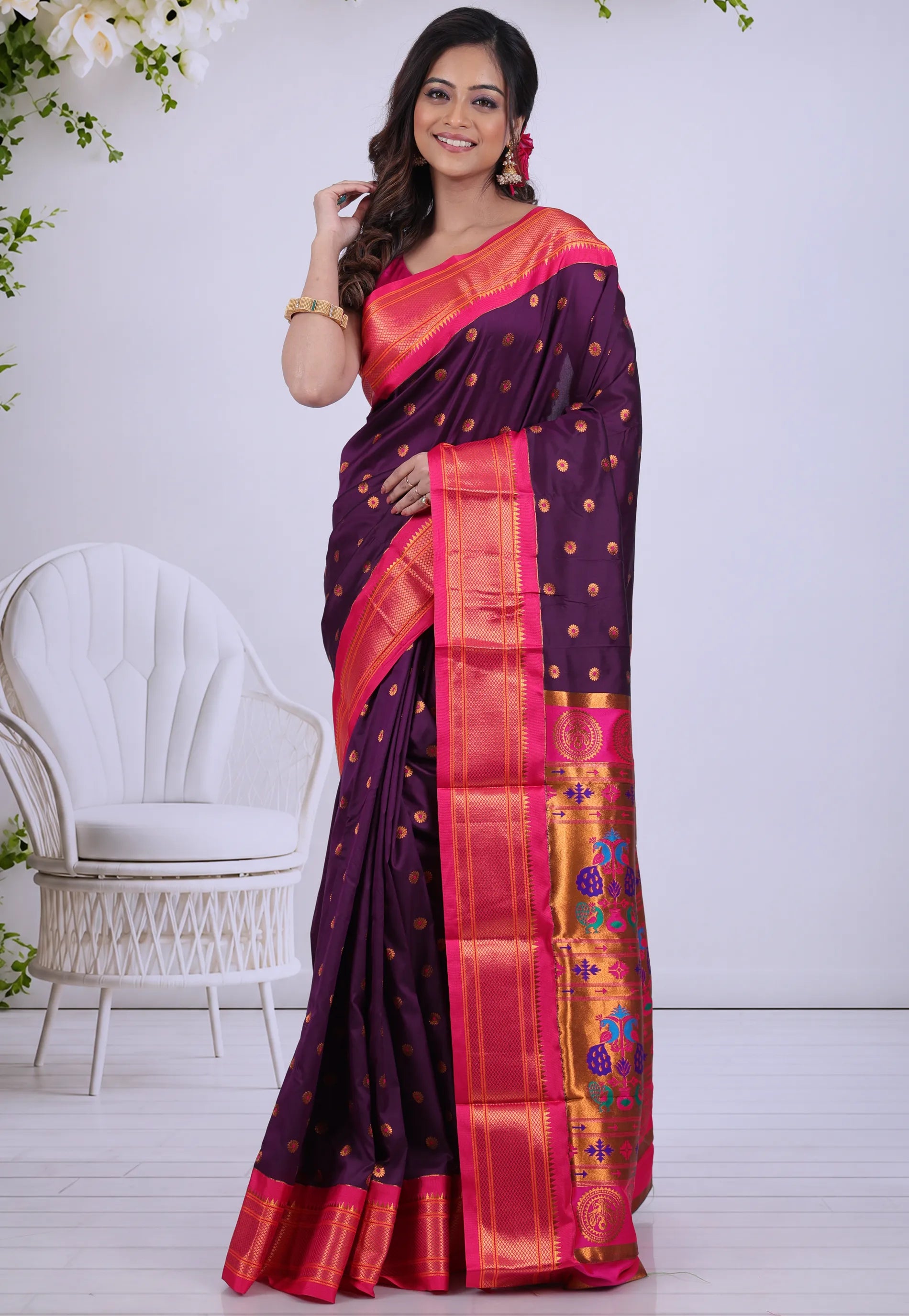Dark Violet Paithani Silk Saree With Blouse Piece - Adi Akshoy & Co.