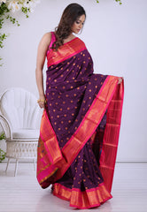 Dark Violet Paithani Silk Saree With Blouse Piece - Adi Akshoy & Co.