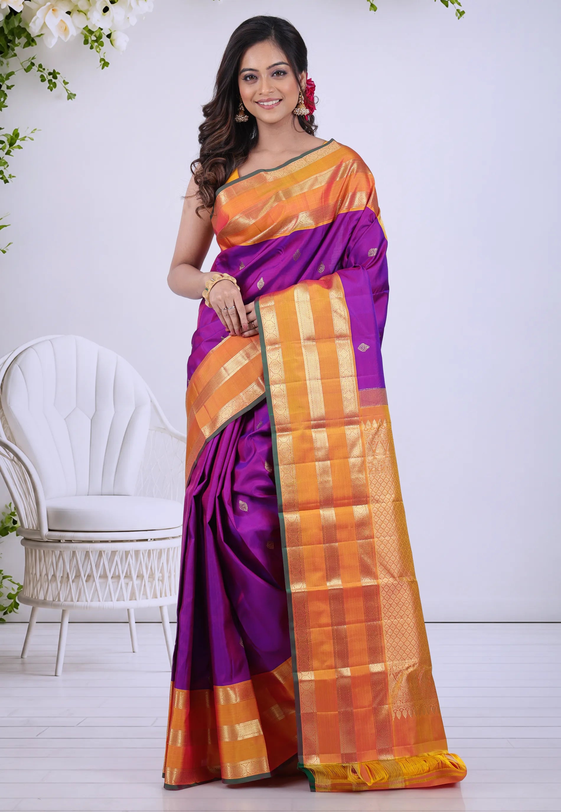 Violet Pure Kanjivaram Silk Saree with Blouse Piece - Adi Akshoy & Co.