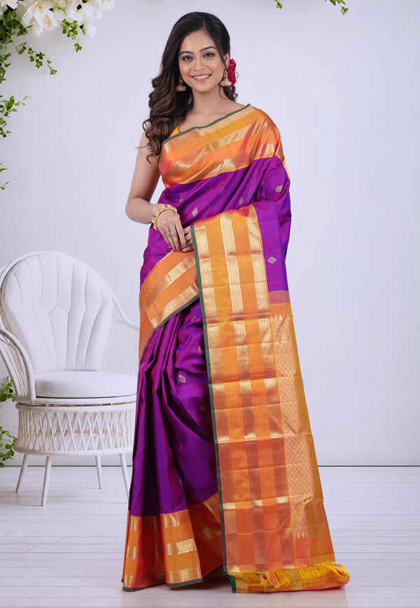 Violet Pure Kanjivaram Silk Saree with Blouse Piece - Adi Akshoy & Co.