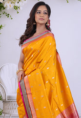 Mustard Yellow Pure Katan Silk Saree with Blouse Piece - Adi Akshoy & Co.