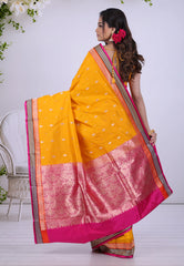 Mustard Yellow Pure Katan Silk Saree with Blouse Piece - Adi Akshoy & Co.
