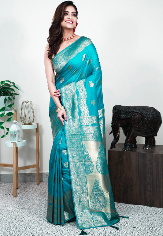 Feroza Blue Mashru Silk Saree with Blouse Piece