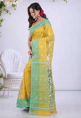 Mustard Yellow Dhakai Jamdani Cotton Saree without Blouse Piece - Adi Akshoy & Co.