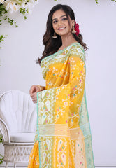 Yellow Dhakai Jamdani Cotton Saree without Blouse Piece - Adi Akshoy & Co.