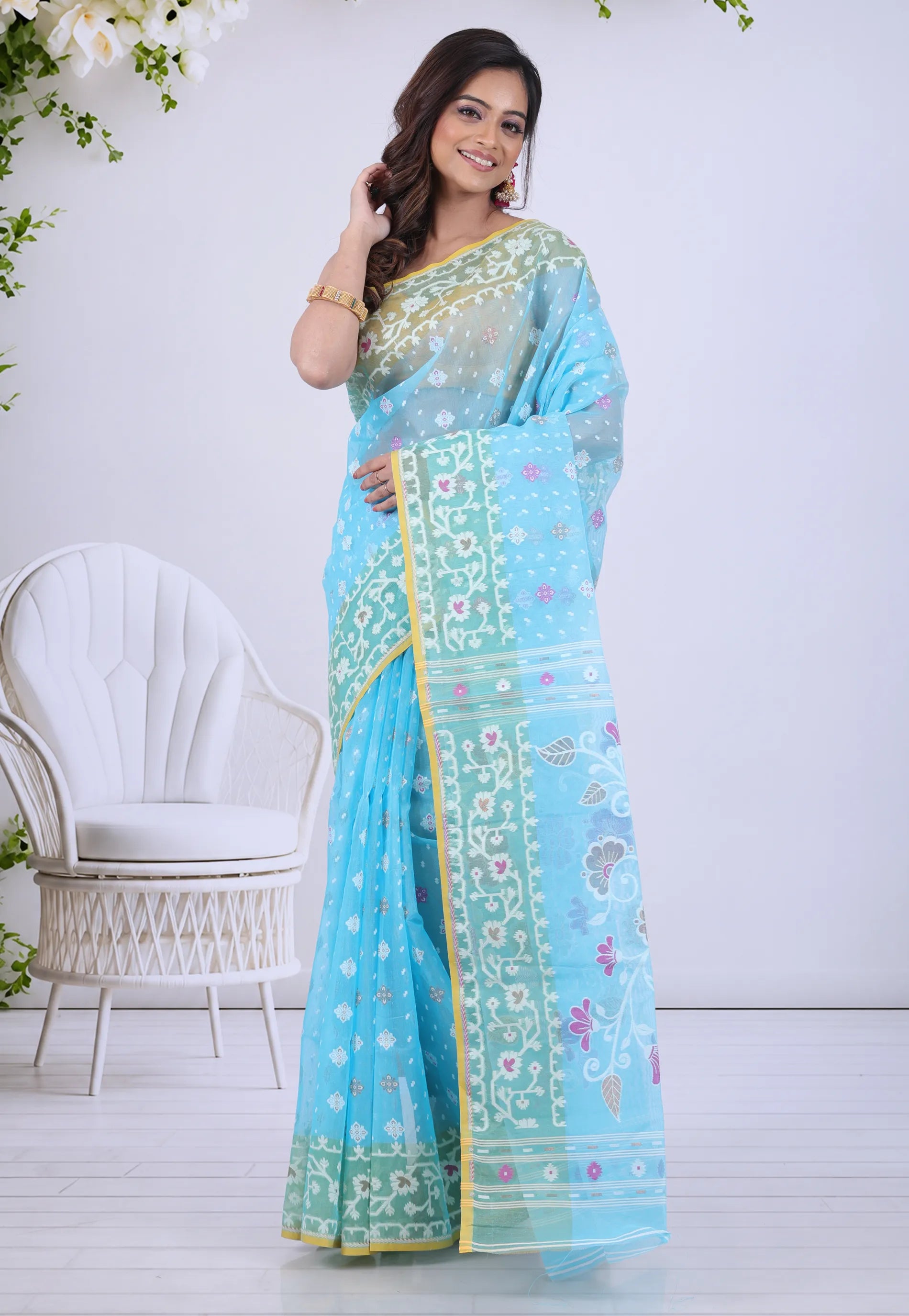 Sea Blue Dhakai Jamdani Cotton Saree without Blouse Piece - Adi Akshoy & Co.