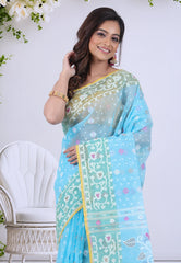 Sea Blue Dhakai Jamdani Cotton Saree without Blouse Piece - Adi Akshoy & Co.