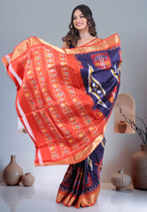 Navy Blue Pure Ikkat Silk Saree With Blouse Piece - Adi Akshoy & Co.