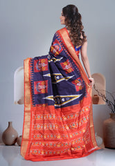 Navy Blue Pure Ikkat Silk Saree With Blouse Piece - Adi Akshoy & Co.