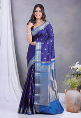 Navy Blue Kanjivaram Silk Saree with Blouse Piece - Adi Akshoy & Co.
