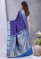 Navy Blue Kanjivaram Silk Saree with Blouse Piece - Adi Akshoy & Co.