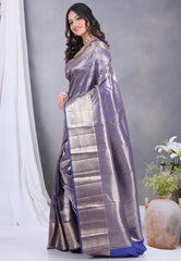 Blue Brocade Kanjivaram Silk Saree with Blouse Piece - Adi Akshoy & Co.
