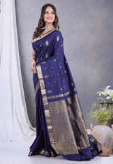 Navy Blue Kanjivaram Silk Saree with Blouse Piece - Adi Akshoy & Co.