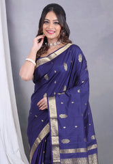 Navy Blue Kanjivaram Silk Saree with Blouse Piece - Adi Akshoy & Co.