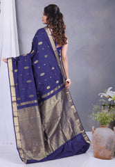 Navy Blue Kanjivaram Silk Saree with Blouse Piece - Adi Akshoy & Co.