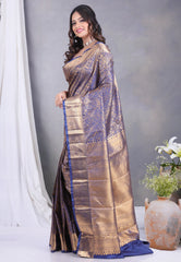 Blue Brocade Kanjivaram Silk Saree with Blouse Piece - Adi Akshoy & Co.