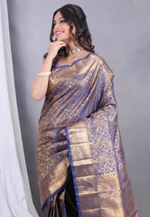 Blue Brocade Kanjivaram Silk Saree with Blouse Piece - Adi Akshoy & Co.