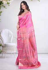 Pink Pure Baluchari Silk Saree with Blouse Piece - Adi Akshoy & Co.